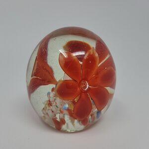 Vintage Red Floral Egg Shape Art Glass Paperweight 3" - 1lb 4oz
